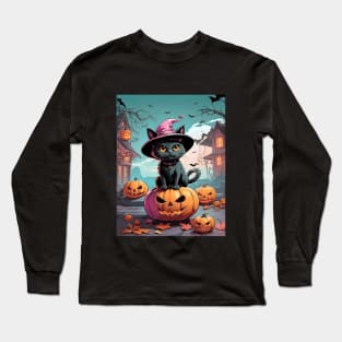 Black halloween cat with spooky pumpkins Long Sleeve T-Shirt